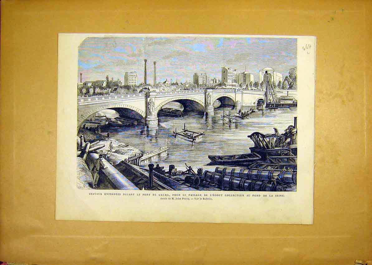 Original Old Antique Print Bridge Alma Seine Boats River France French 1868