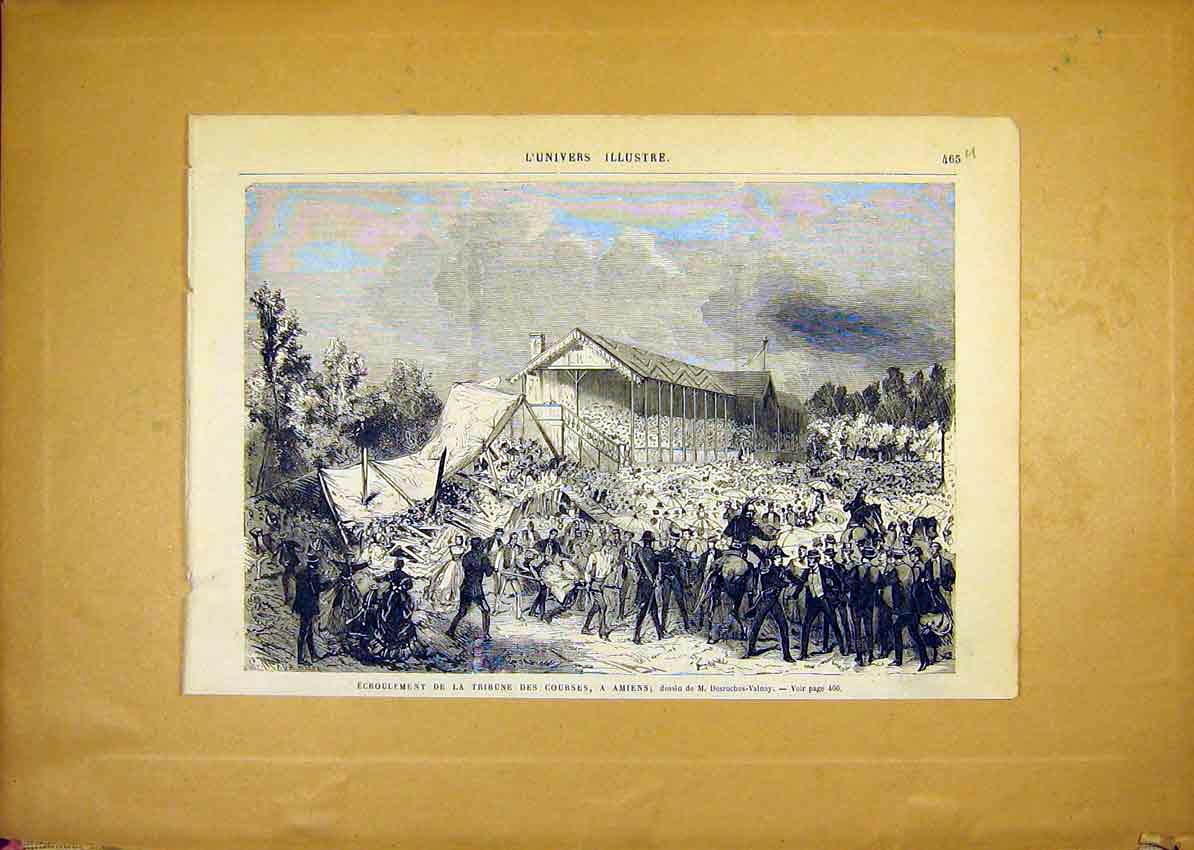 Original Old Antique Print Amiens Disaster Tribune Course French 1868 Victorian