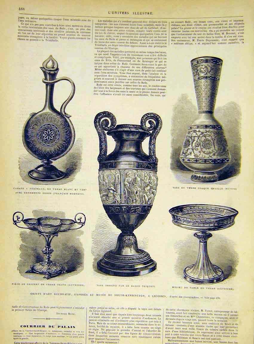 Original Old Antique Print Art Objects Antiquities Museum London French 1868