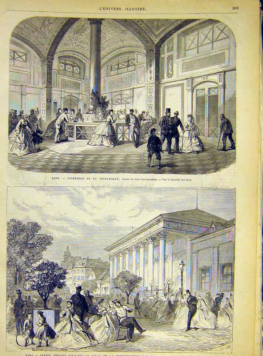 Original Old Antique Print Bade Garden Conservatory French 1868 Salle Victorian
