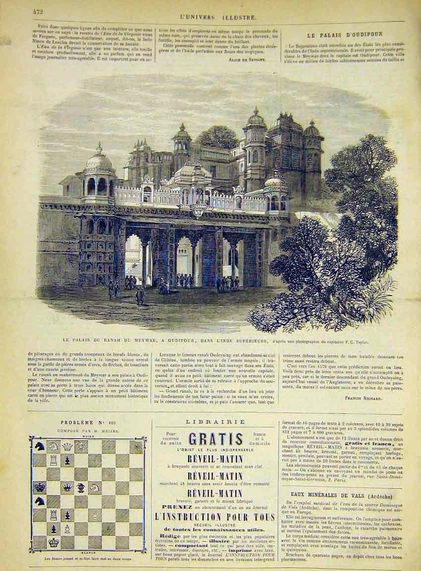 Original Old Antique Print Palace Ranah Meywar Oudipour India French 1868 19th