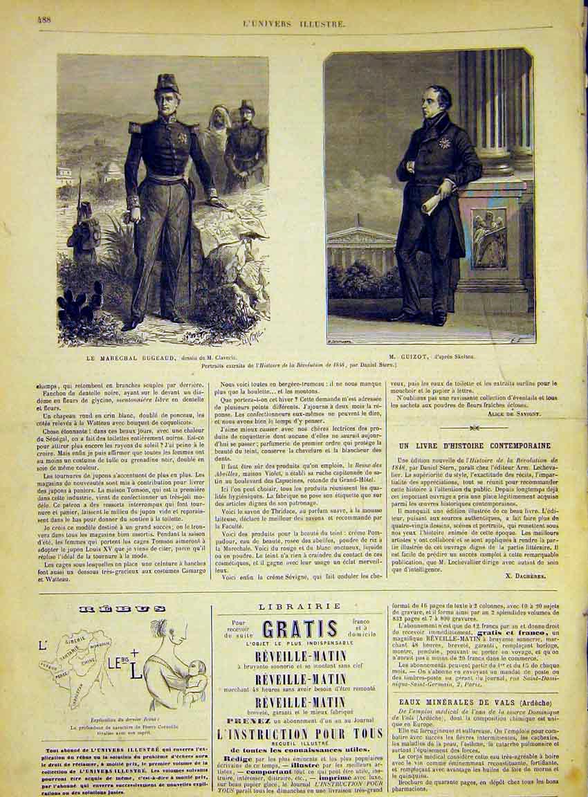 Original Old Antique Print Portrait Bugeaud Claverie Guizot Skelton 1868 19th