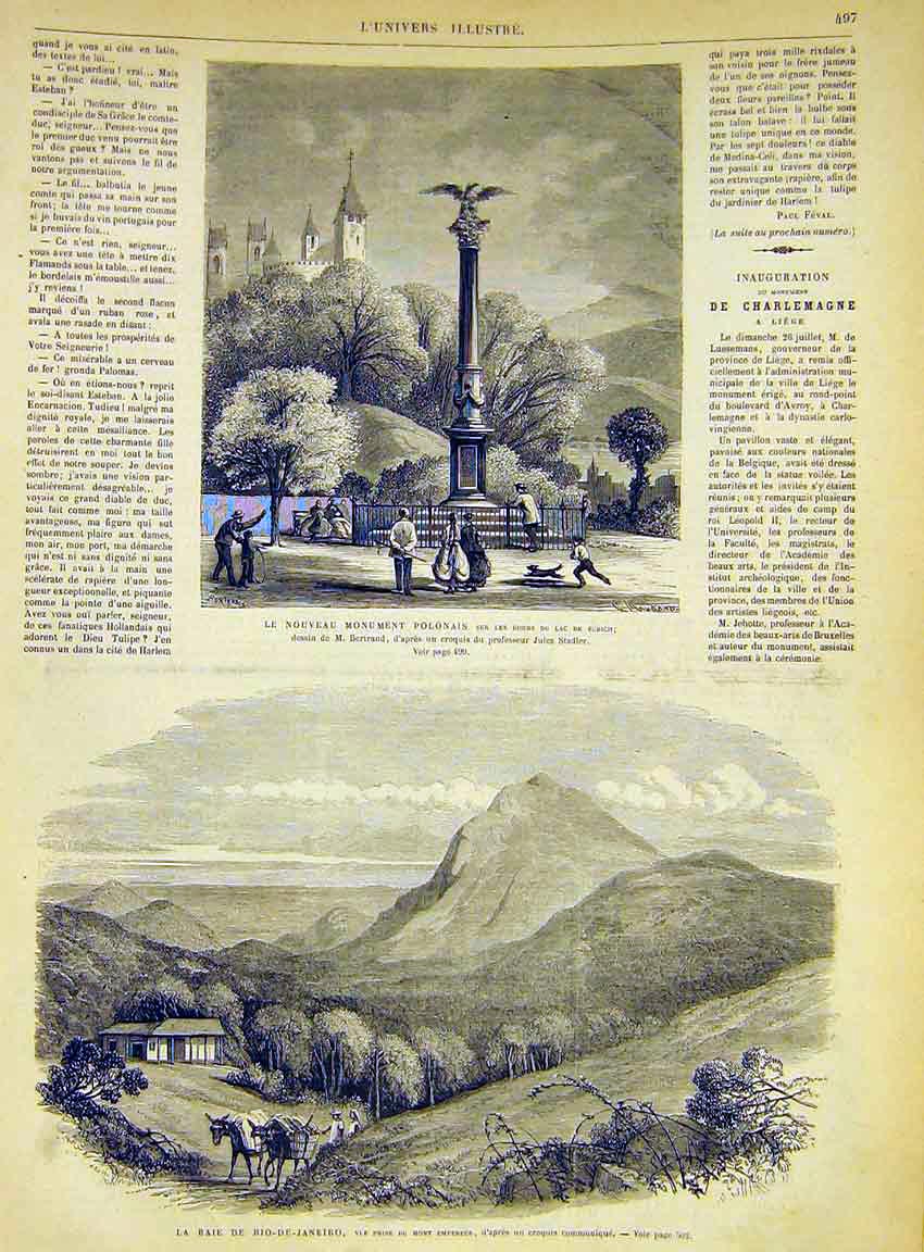 Original Old Antique Print Polish Monument Zurich Rio-De-Janiero 1868 Victorian