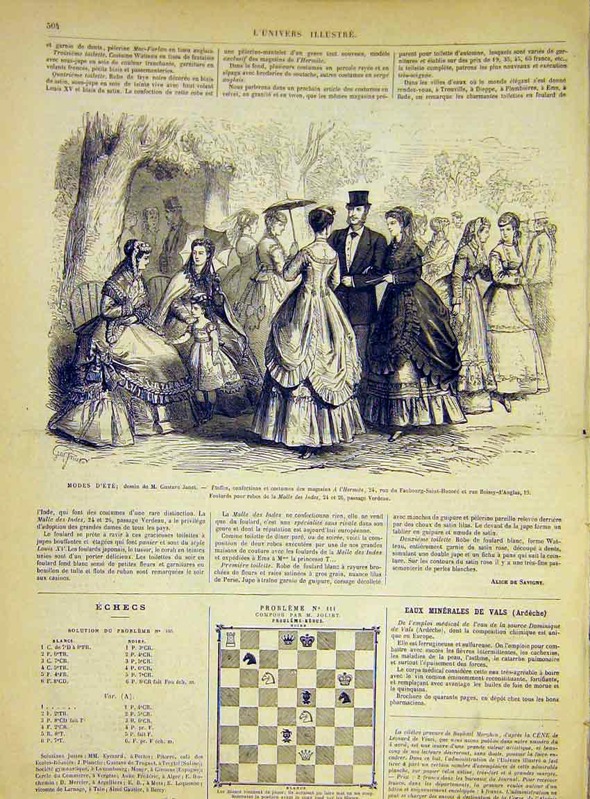 Original Old Antique Print Fashion Ladies Summer Janet Hermite French 1868 19th