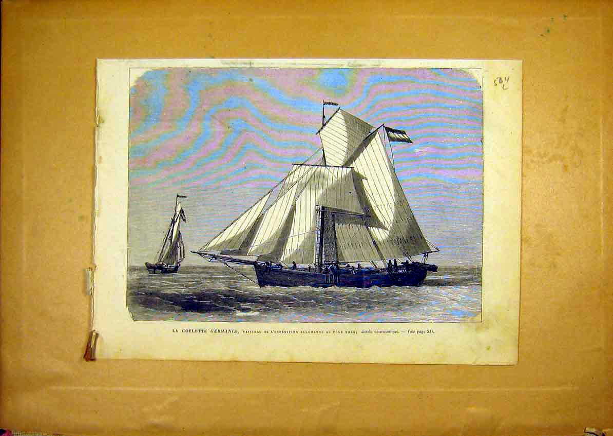 Original Old Antique Print Yacht Germania Boat Expedition North-Pole 1868 19th