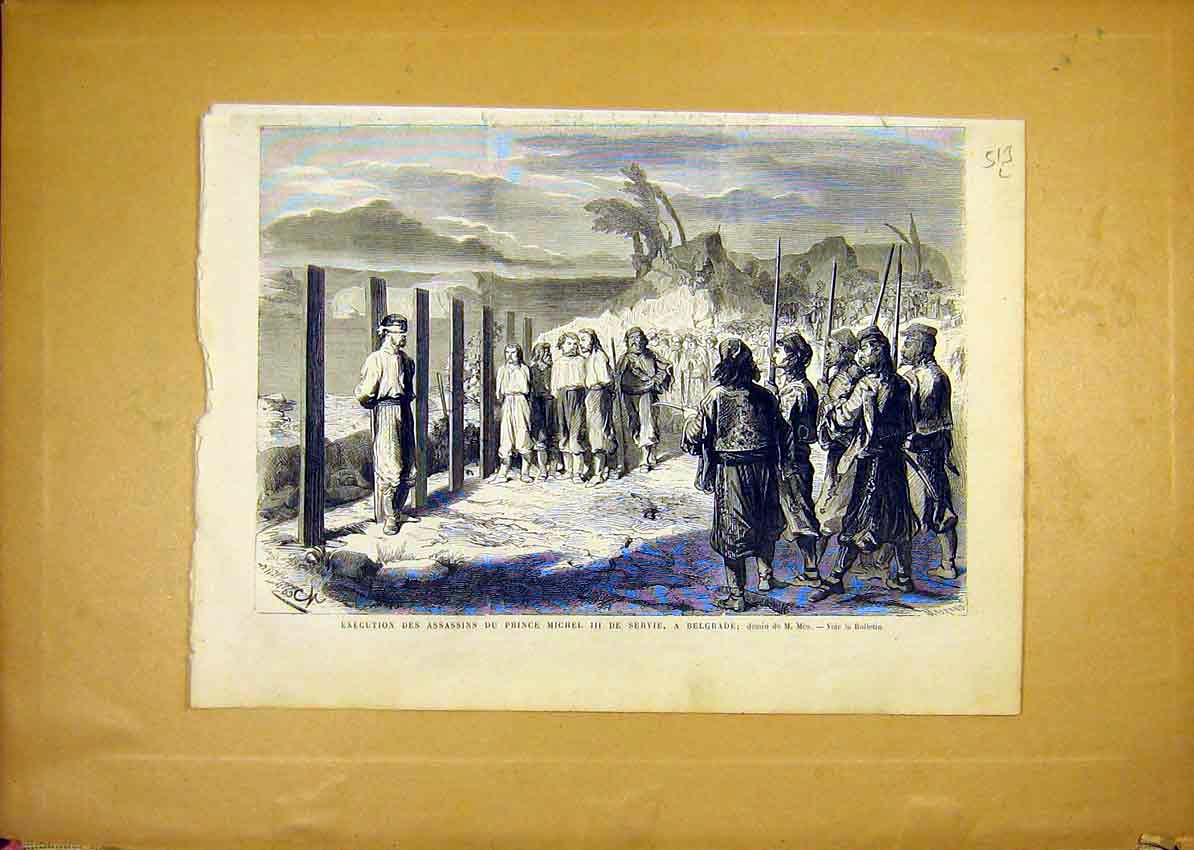 Old Antique Print Assasins Execution Prince Michel Servia Belgrade 1868 19th