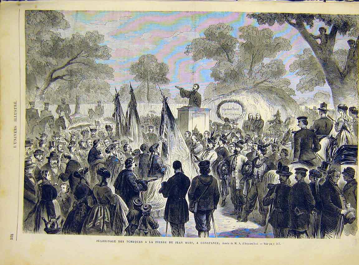Original Old Antique Print Huss Constance Speech French 1868 19th