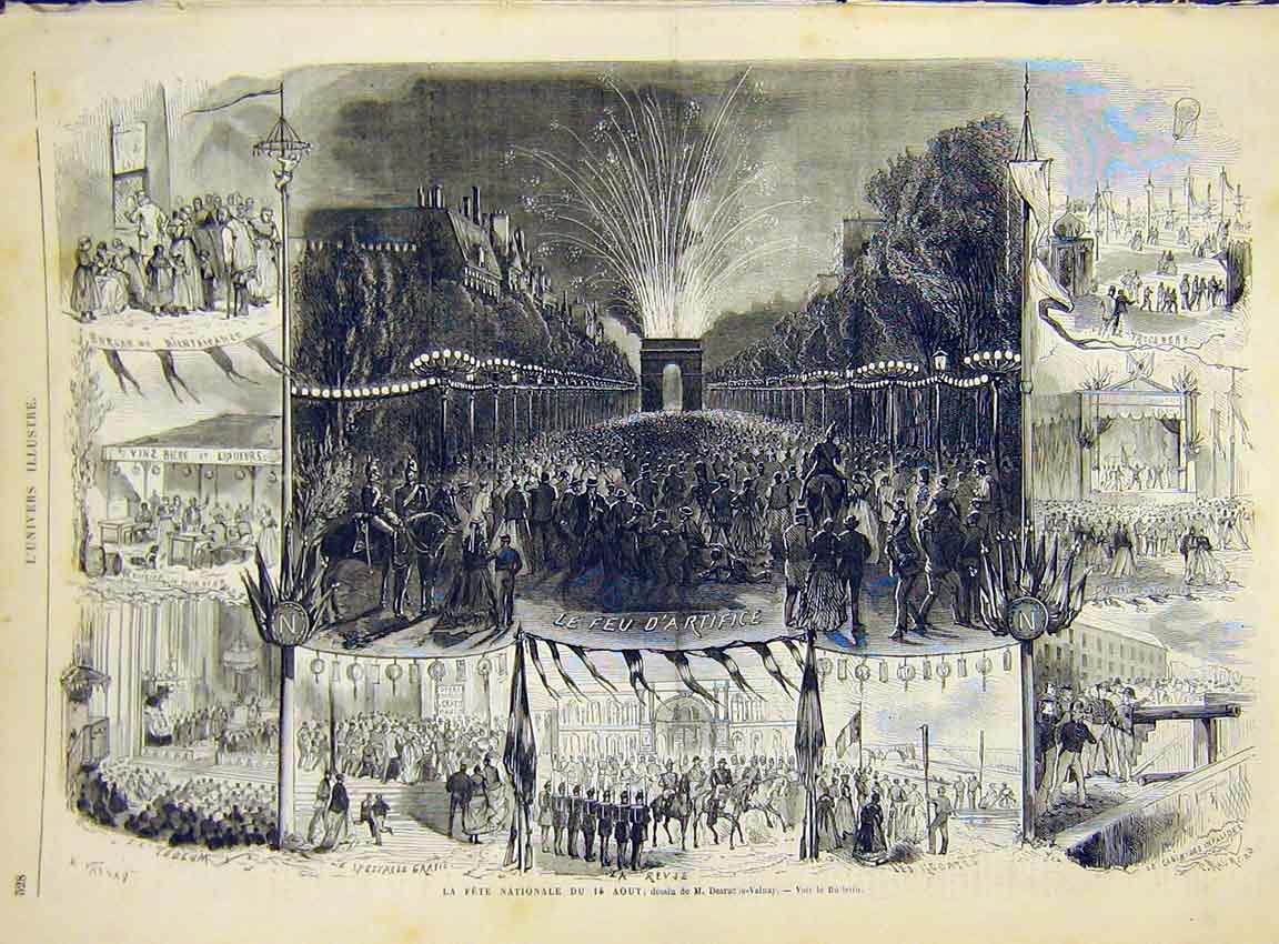 Original Old Antique Print Fete Fireworks France Paris French 1868 Victorian