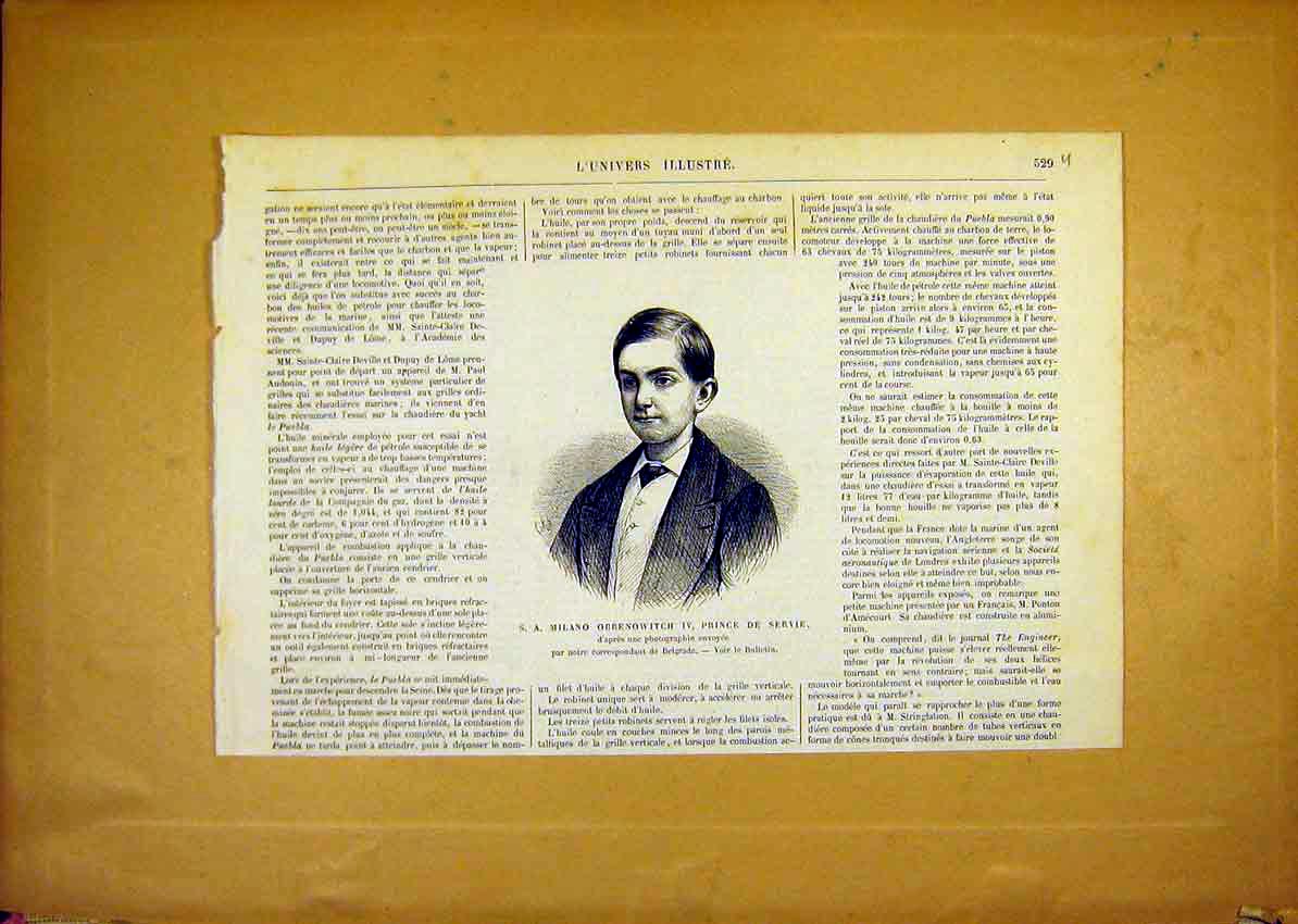 Original Old Antique Print Portrait Obrenowitch Prince Servia French 1868 19th