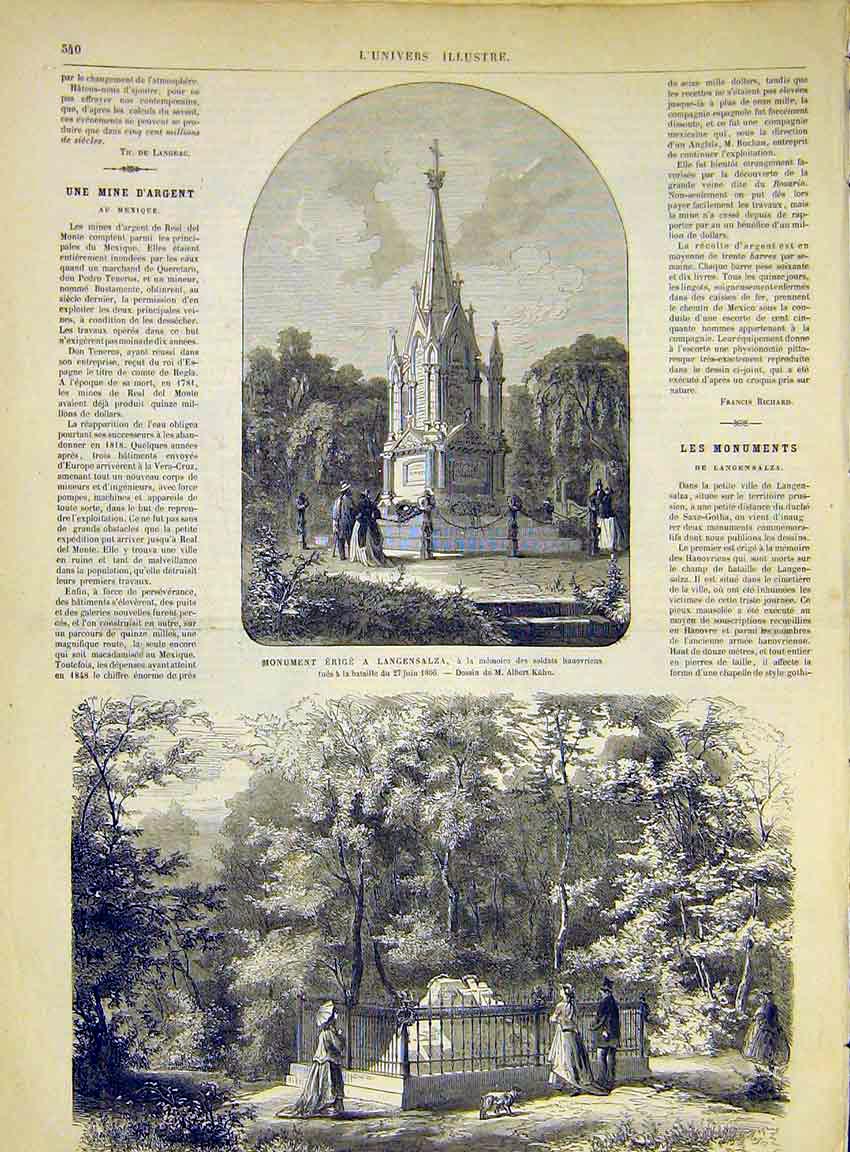 Original Old Antique Print Langensalza Hanoverian Prussian Monument 1868 19th