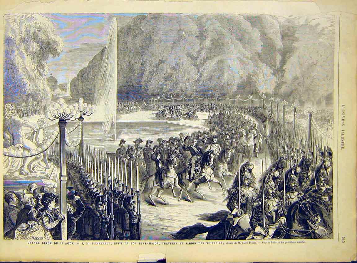 Original Old Antique Print Military Review Emperor Tuileries Paris France 1868