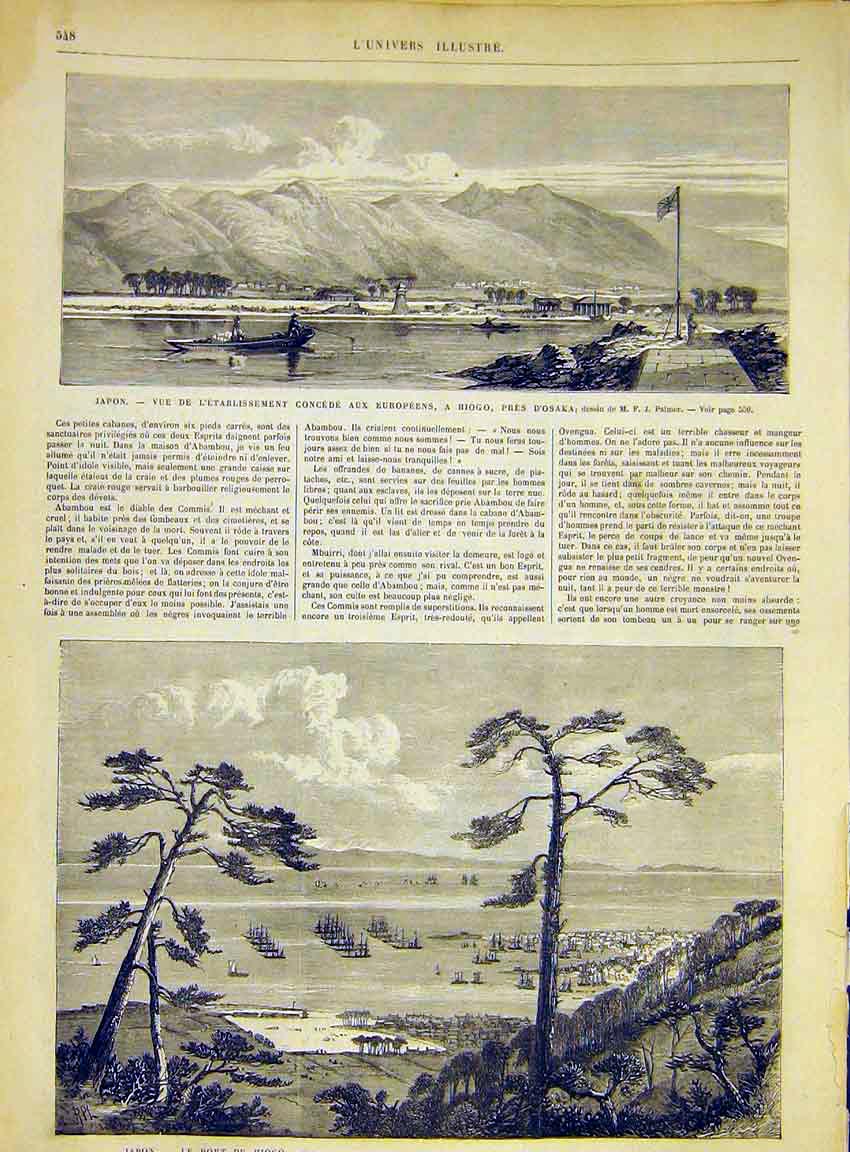 Original Old Antique Print Japan Osaka Palmer Hiogo Port French 1868 Victorian