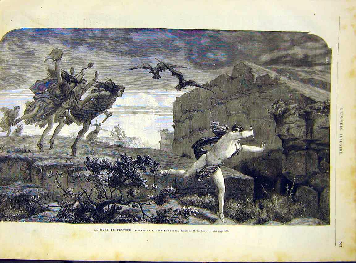 Original Old Antique Print Penthee Gleyre Fine Art French 1868 19th