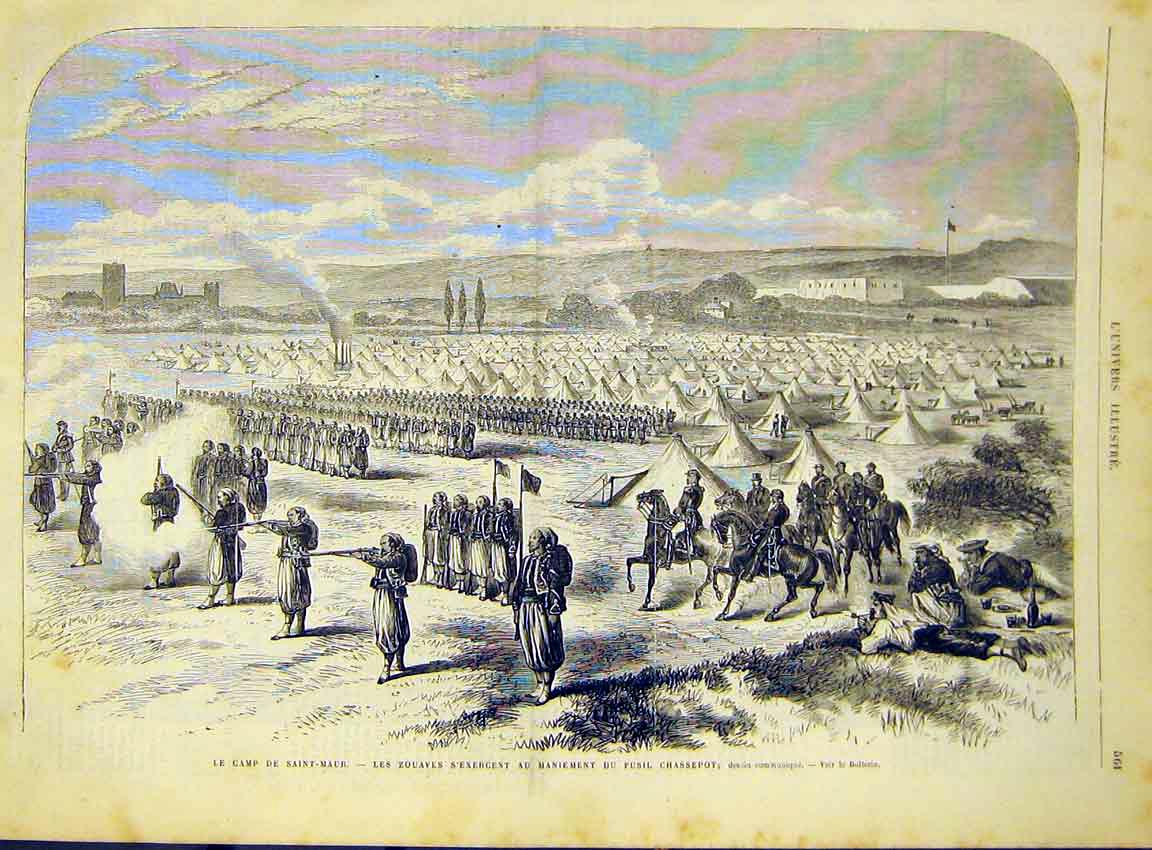 Original Old Antique Print Camp Military Saint-Maur Zouaves Guns French 1868