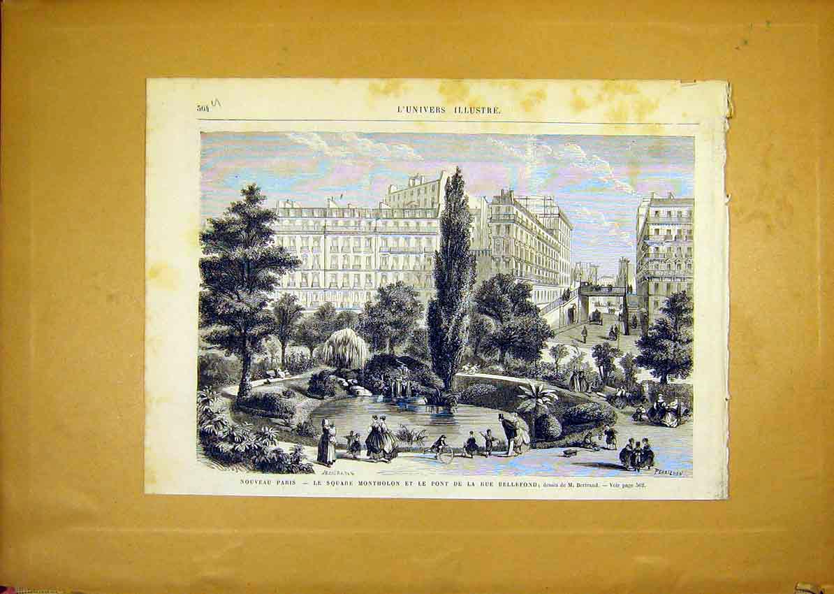 Original Old Antique Print Paris Square Montholon Bellefond French 1868 19th