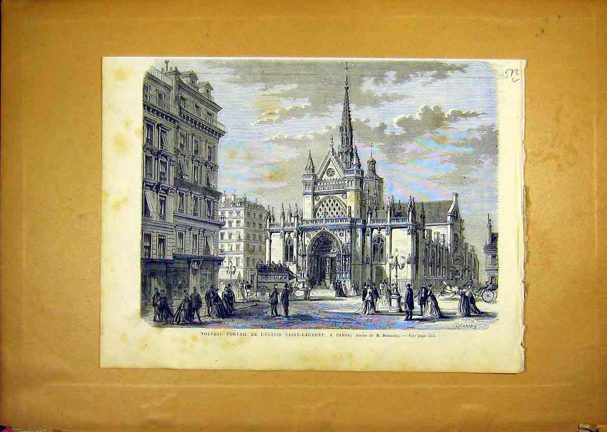 Original Old Antique Print Church Saint-Laurent Paris Portal French 1868 19th