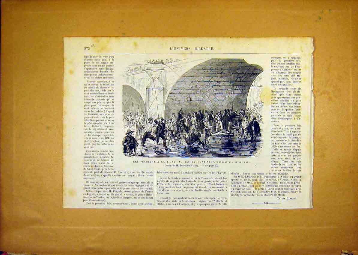 Original Old Antique Print Fishermen Ligne Neuf Bridge Fishing French 1868 19th