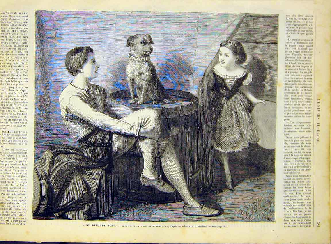Original Old Antique Print Toby Ballet Saltimbanques Ballerina Garland 1868 19th