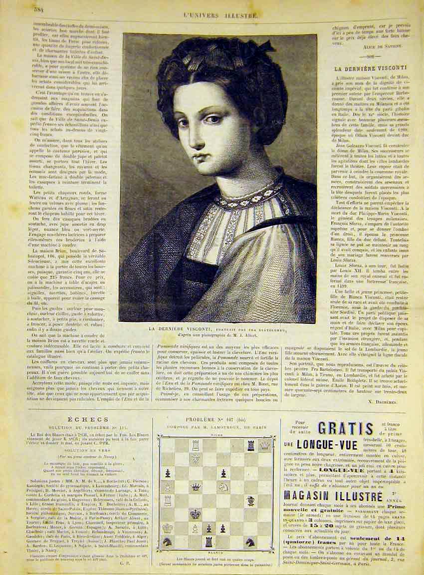 Original Old Antique Print Portrait Visconti Wife Bartolomeo French 1868 19th