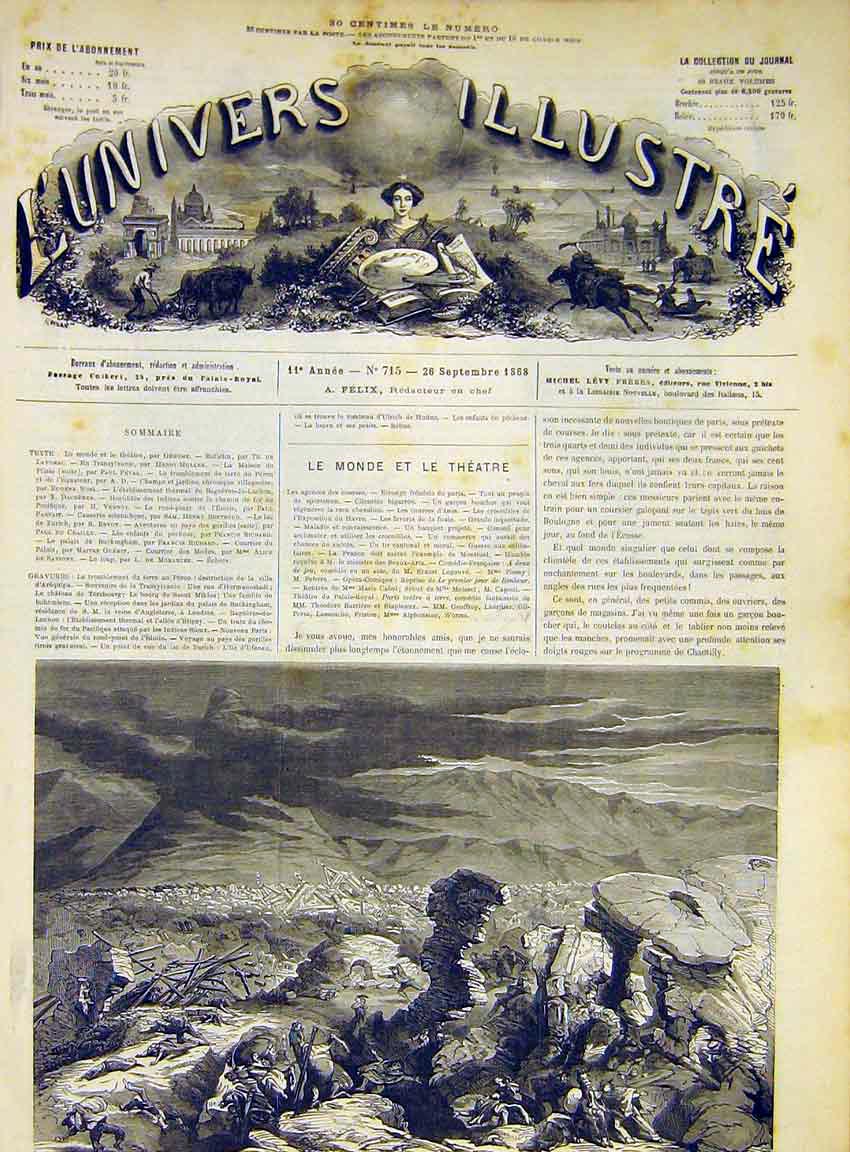 Original Old Antique Print Earthquake Peru Arequipa Destruction French 1868 19th