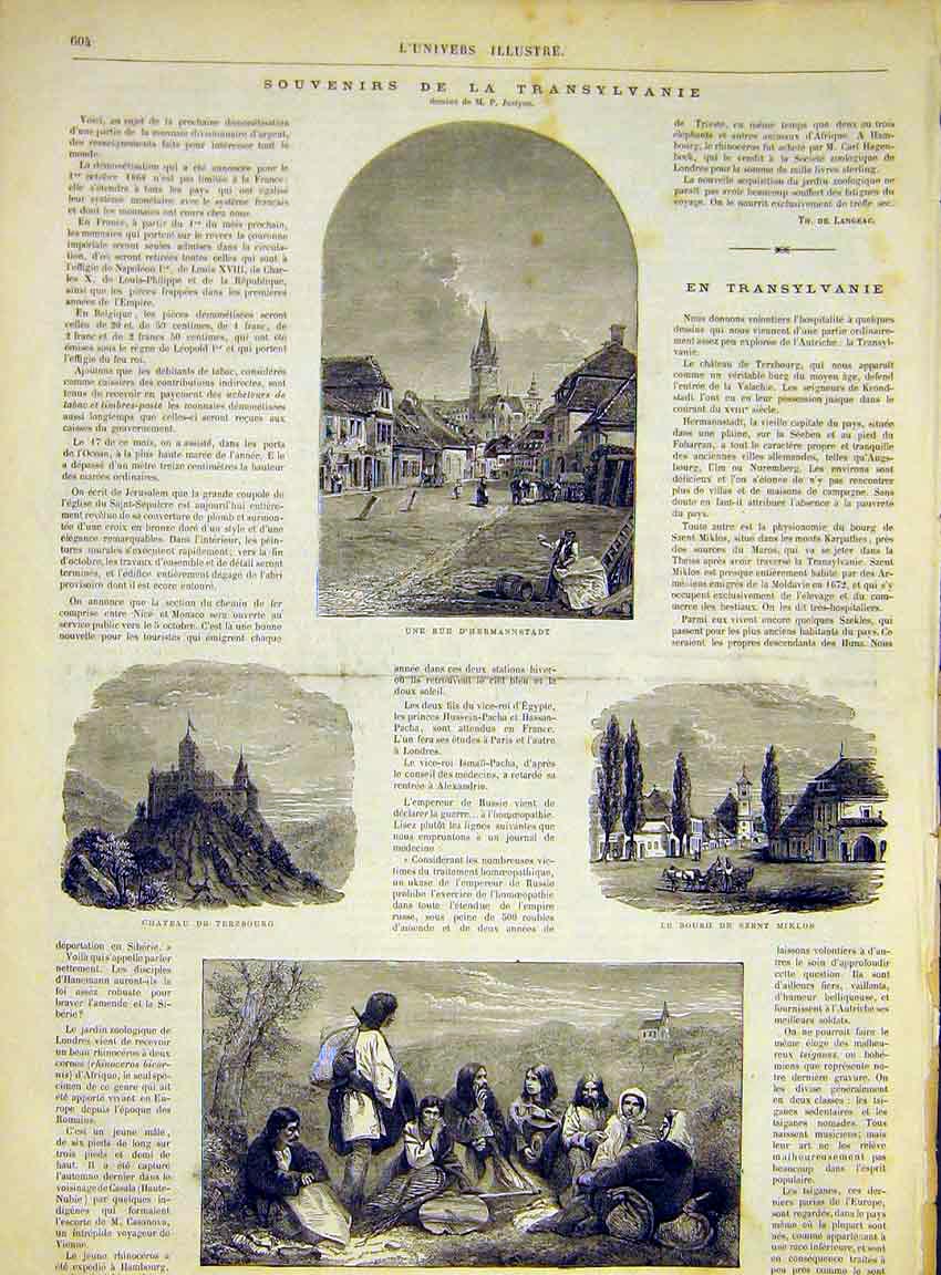 Original Old Antique Print Transylvania Hermannstadt Terzbourg Miklos Bohemians