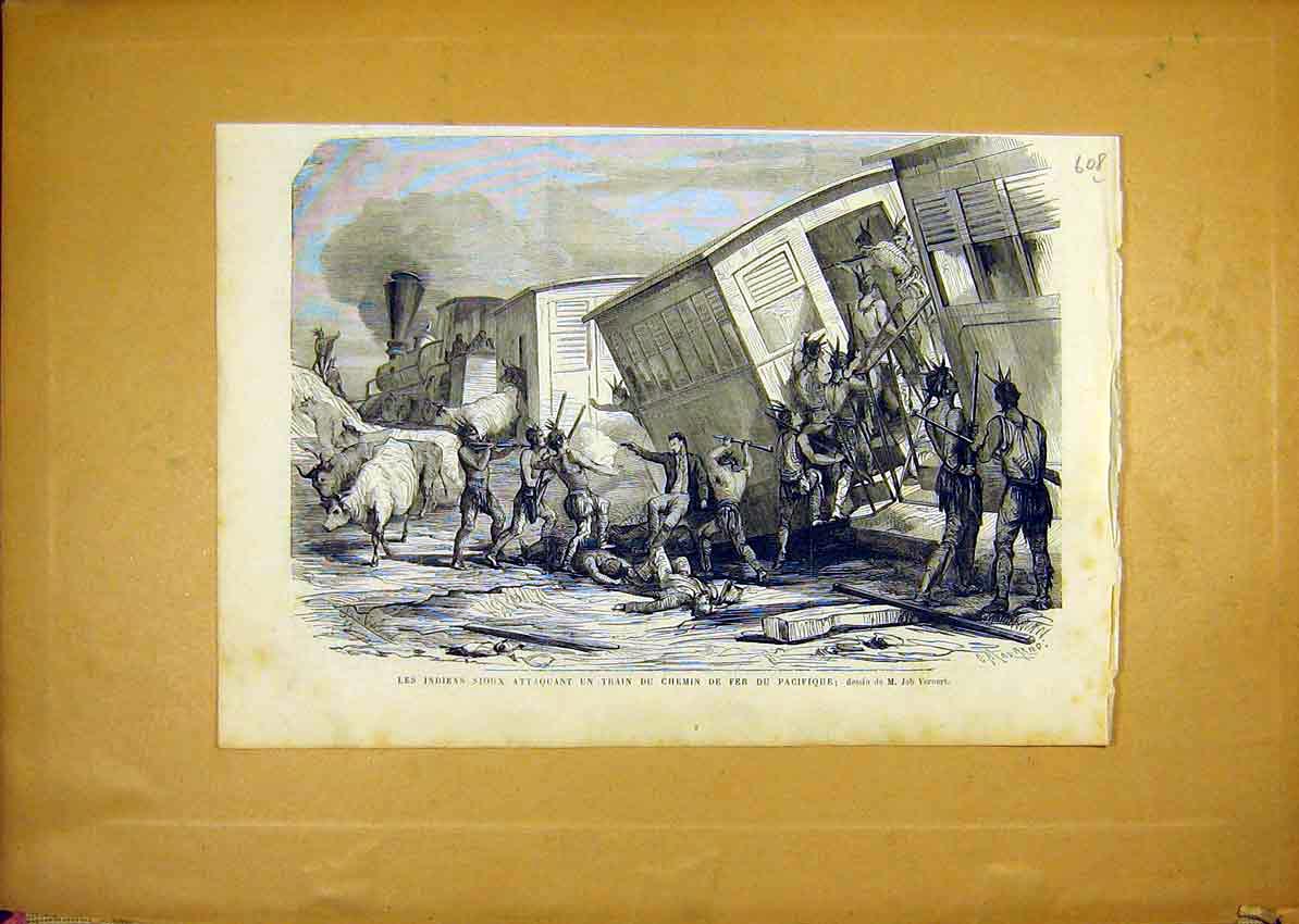 Original Old Antique Print Souix Indian Train Railway Pacific French 1868 19th