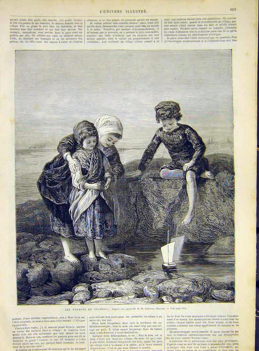 Original Old Antique Print Children Fishing Fish Boat Duncan Fine Art 1868 19th