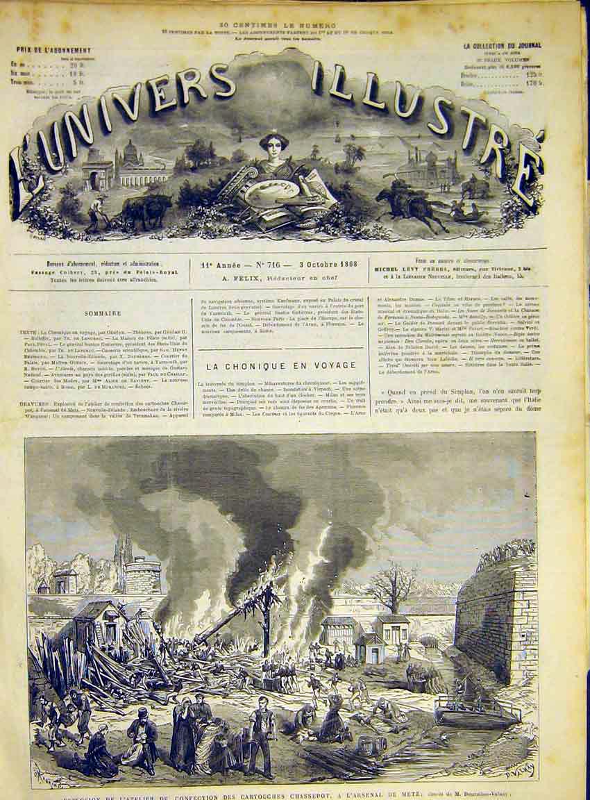 Original Old Antique Print Shop Explosion Arsenal Metz French 1868 Victorian