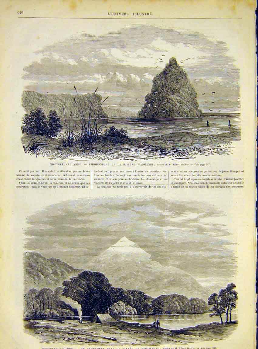 Original Old Antique Print New Zealand Wanganui River Teramakau 1868 Victorian