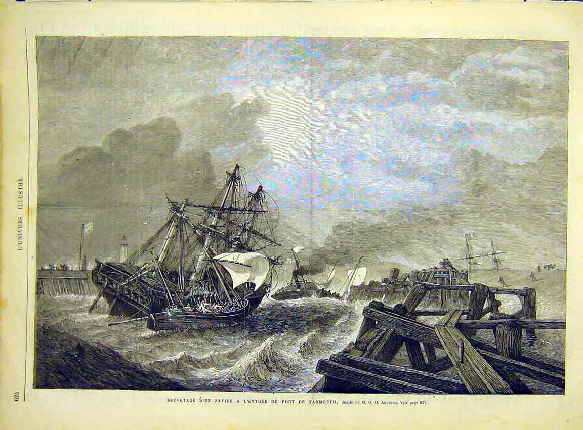 Original Old Antique Print Navy Ships Yarmouth Wreck Storm French 1868 Victorian