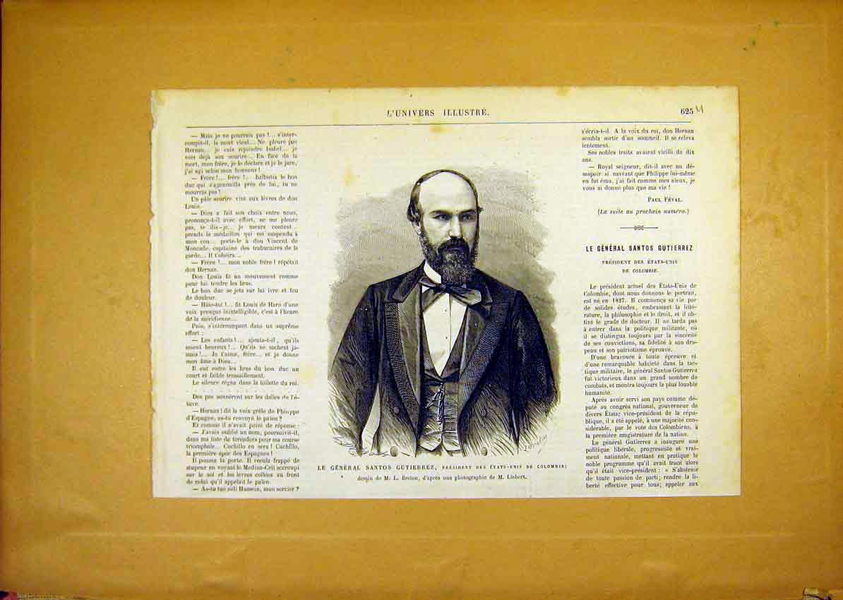 Original Old Antique Print Portrait General Gutierrez Colombia French 1868 19th
