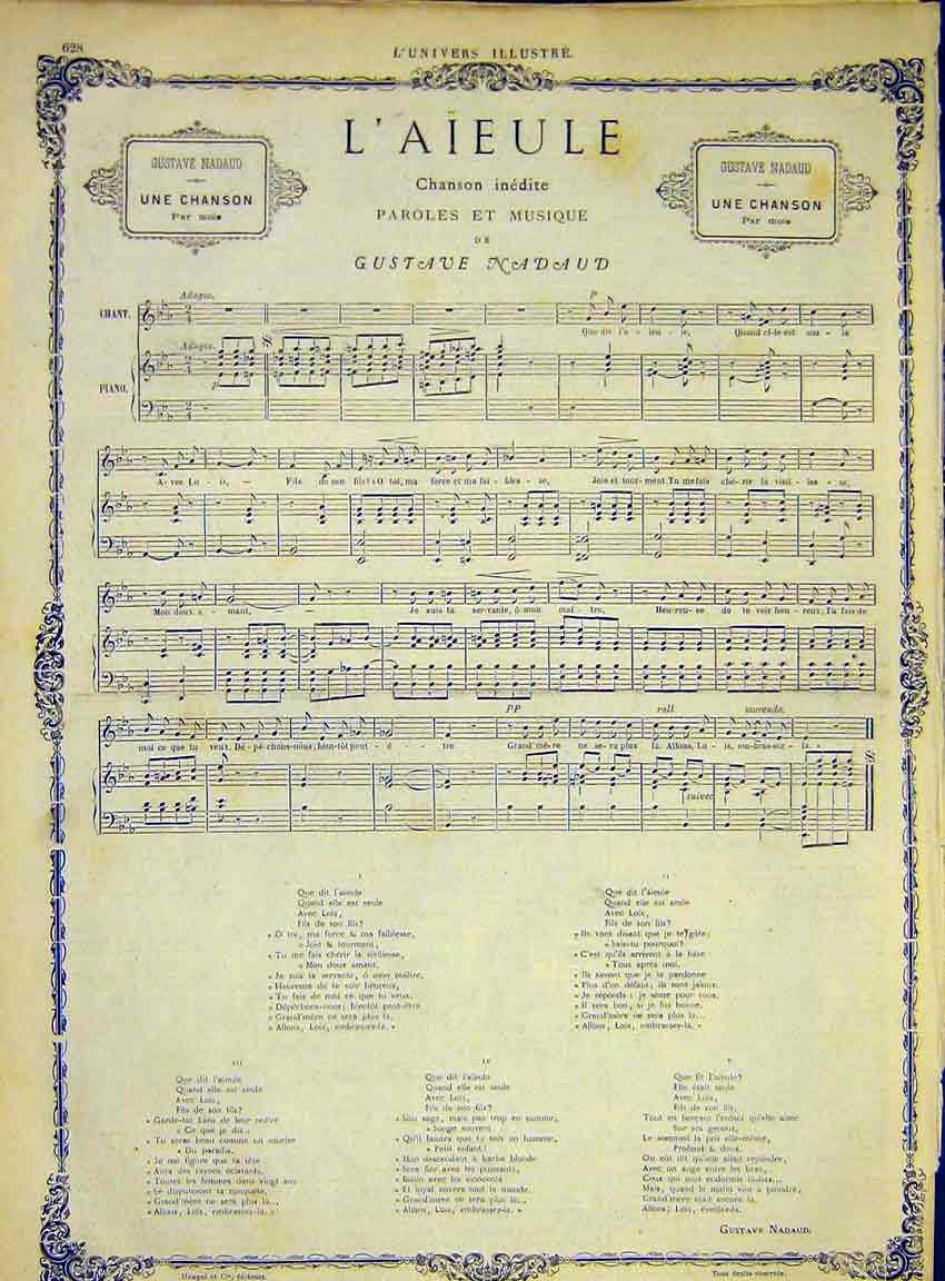 Original Old Antique Print Music Score Song Nadaud L'Aieule French 1868 19th
