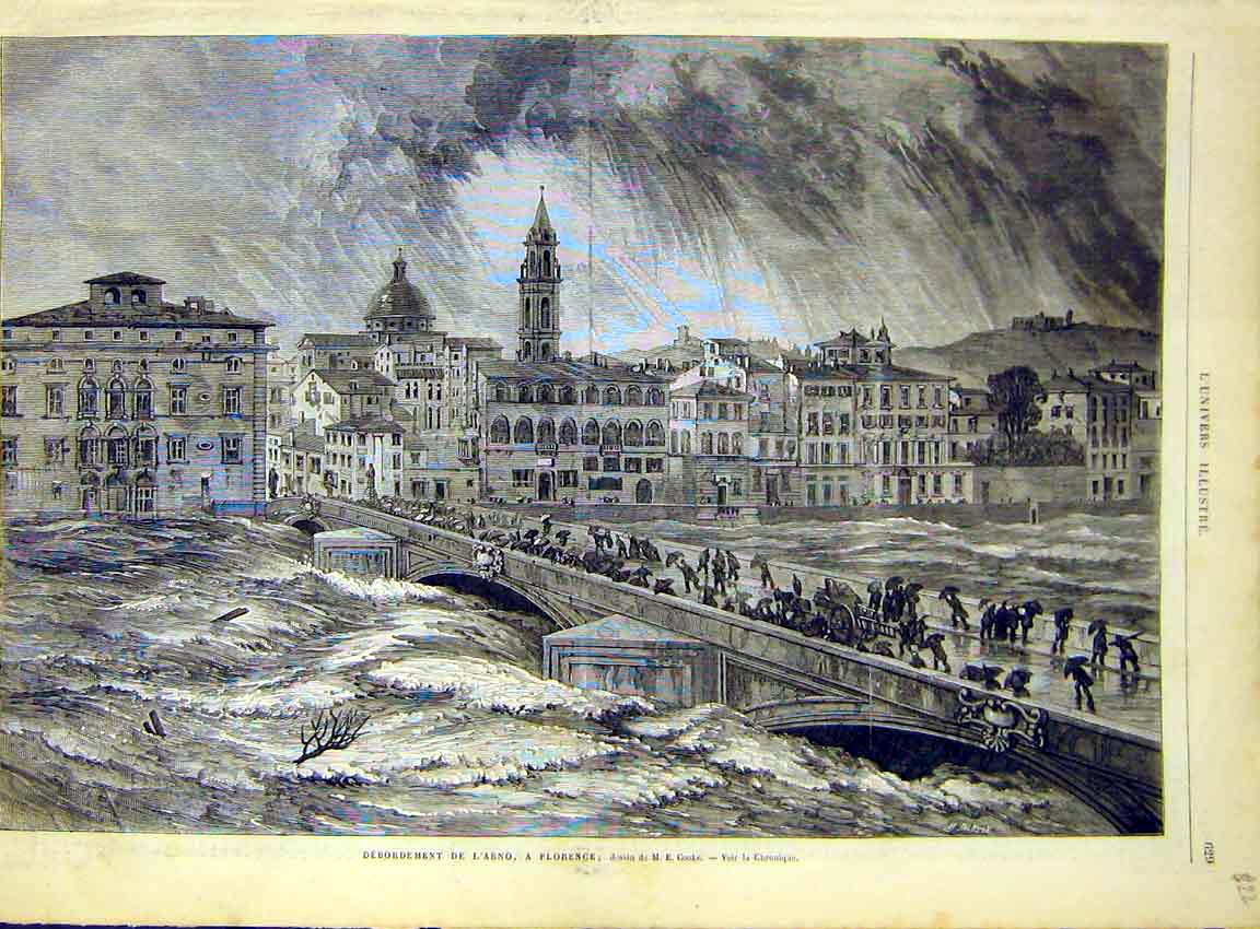 Original Old Antique Print Arno Florence Italy Floods River Bridge 1868 19th