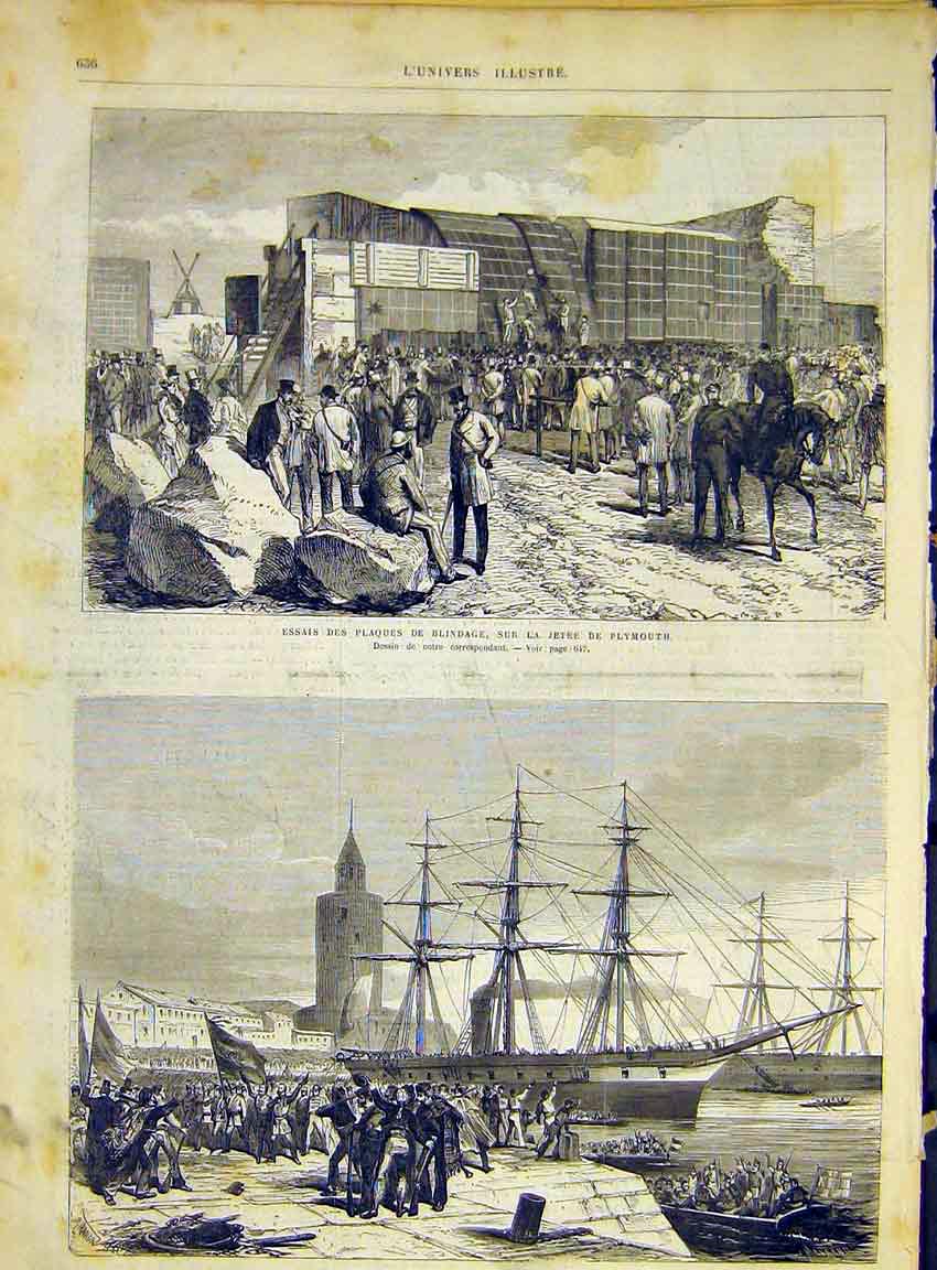 Original Old Antique Print Plymouth Cadix Ship Blindage French 1868 Victorian