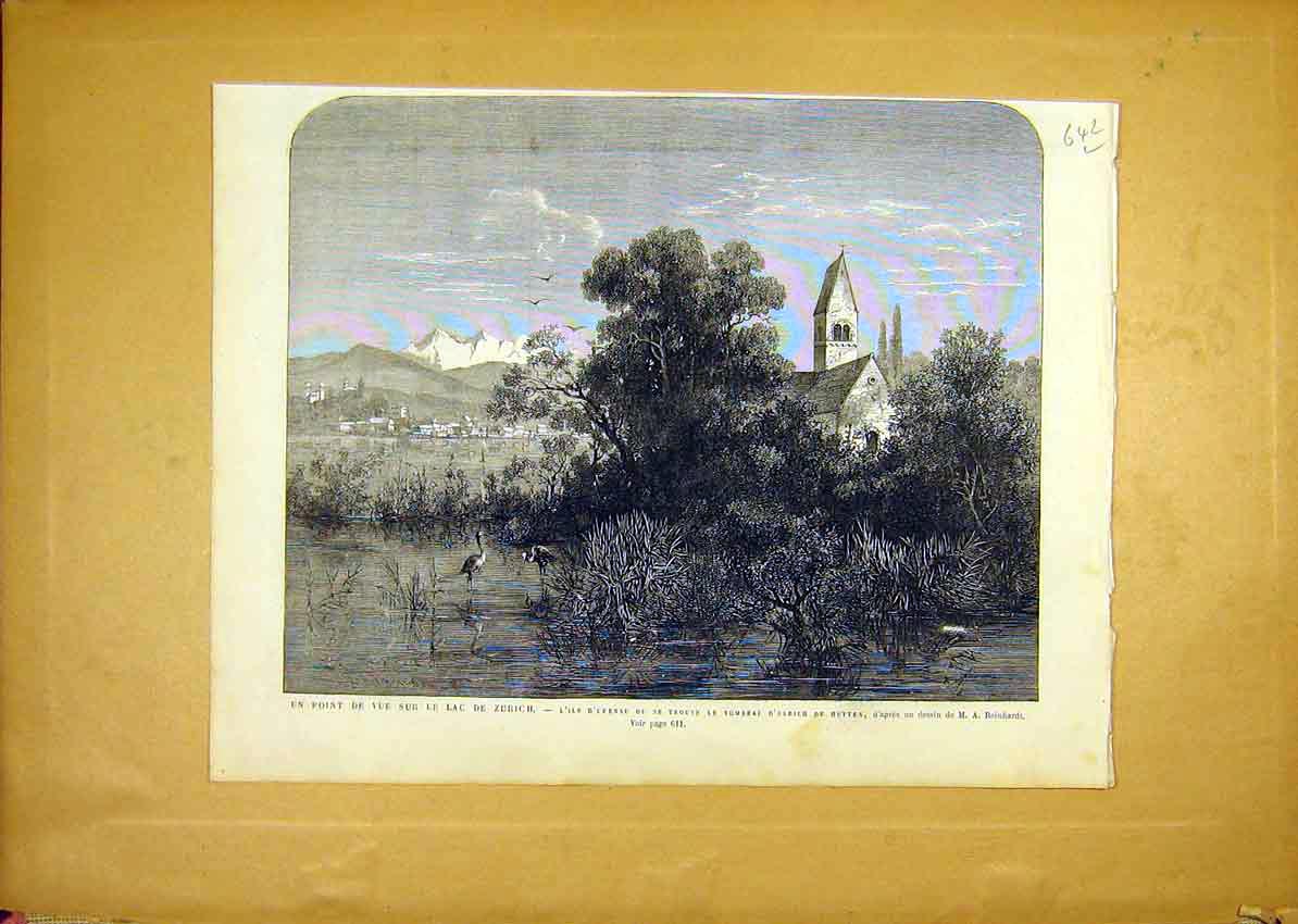 Original Old Antique Print Zurich Lake Birds Ulrich Hutten Tomb French 1868
