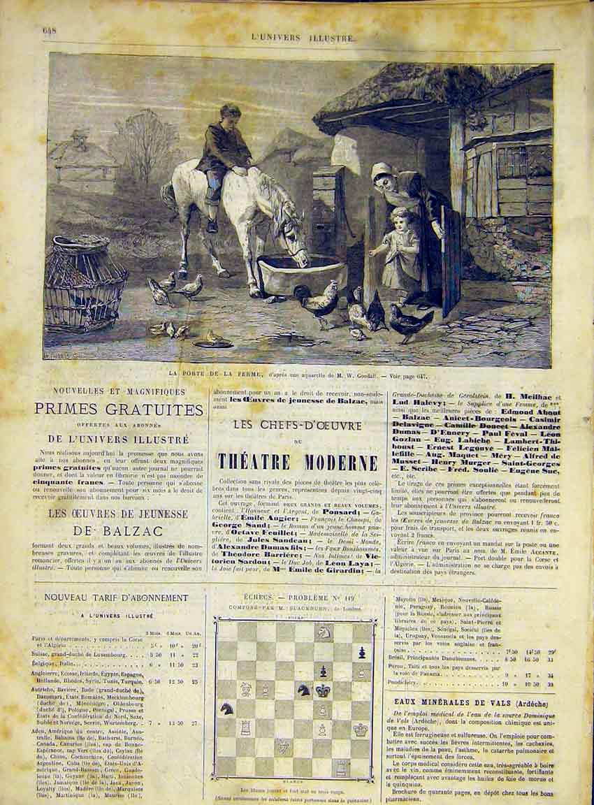 Original Old Antique Print Horse Farm Goodall Fine Art Chickens Child 1868 19th