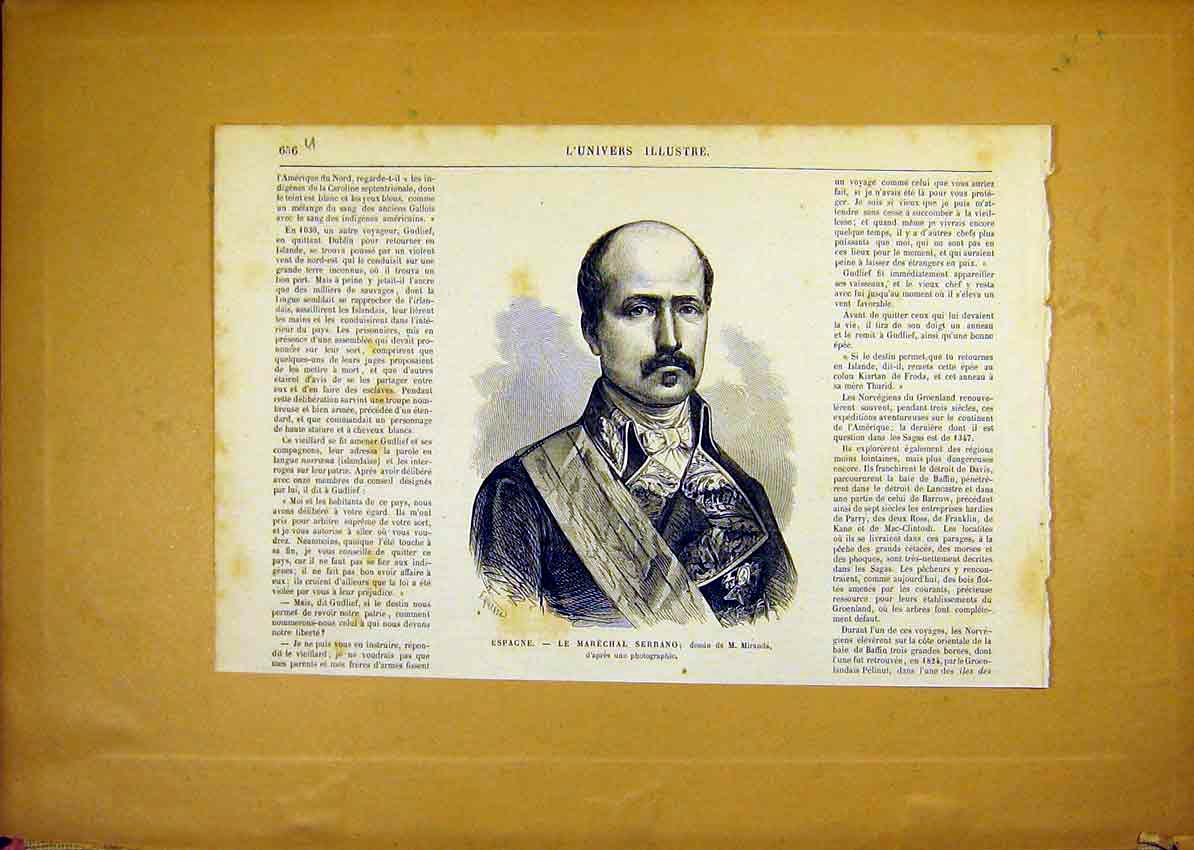 Original Old Antique Print Portrait Spain Marechal Serrano French 1868 19th