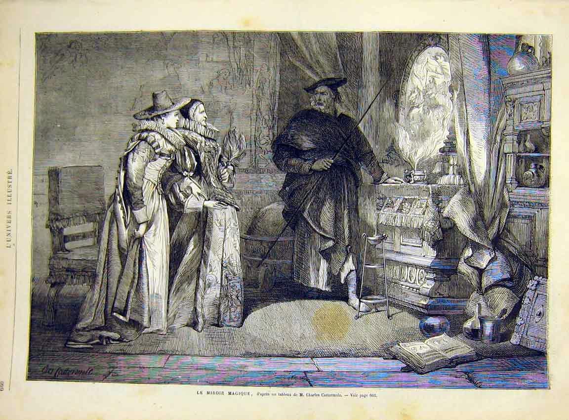 Original Old Antique Print Magic Mirror Cattermole Ladies Fine Art 1868 19th