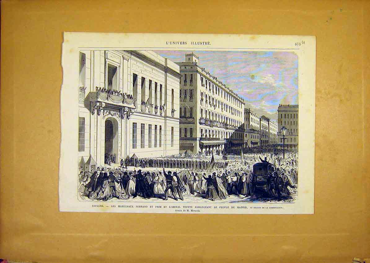 Original Old Antique Print Spain Serrano Topete Madrid French 1868 Victorian