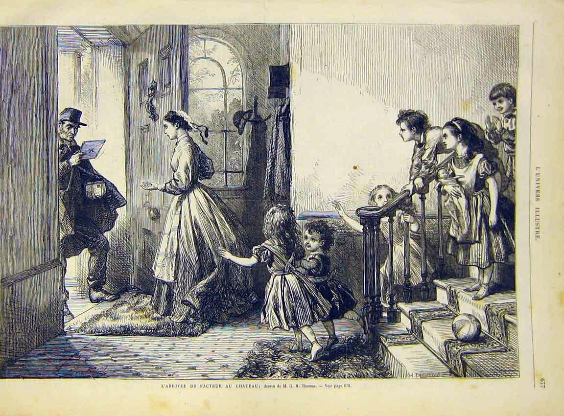 Original Old Antique Print Postman Invoice Children Thomas Fine Art 1868 19th