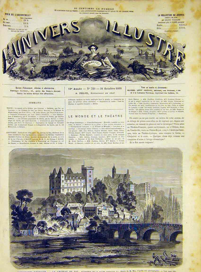 Original Old Antique Print Castle Pau Queen Isabelle Spain French 1868 Victorian