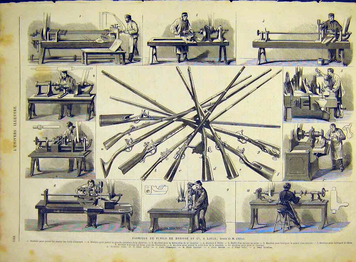 Original Old Antique Print Guns Weapons Factory Liege French 1868 19th