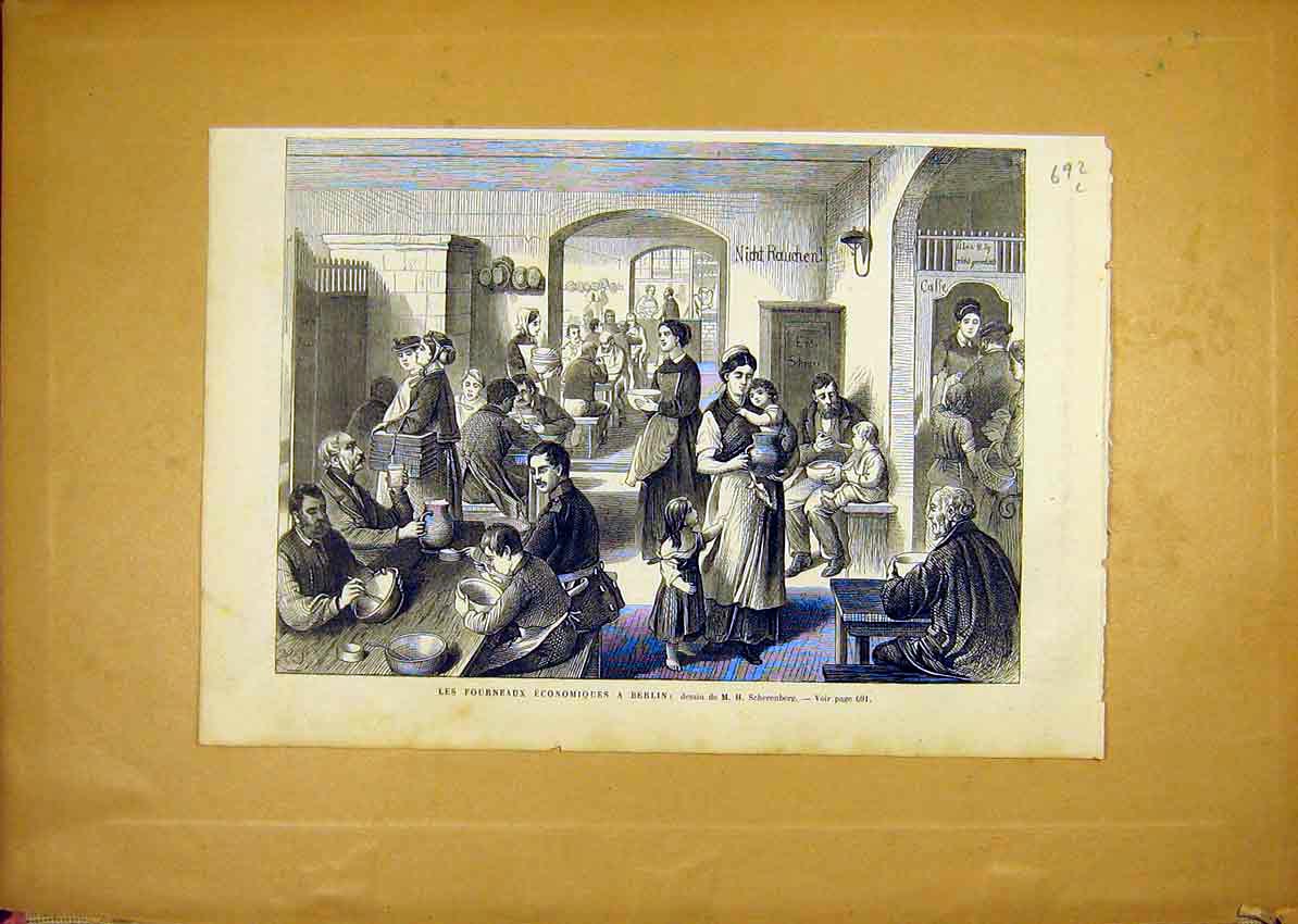 Original Old Antique Print Food Kitchen Berlin Economy French 1868 Victorian