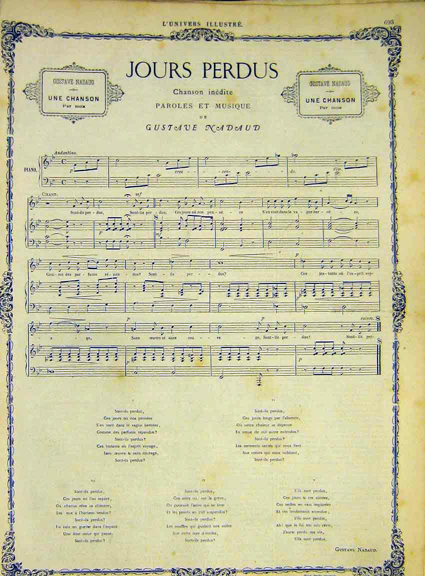 Original Old Antique Print Song Music Score Nadaud Jours Perdus French 1868 19th