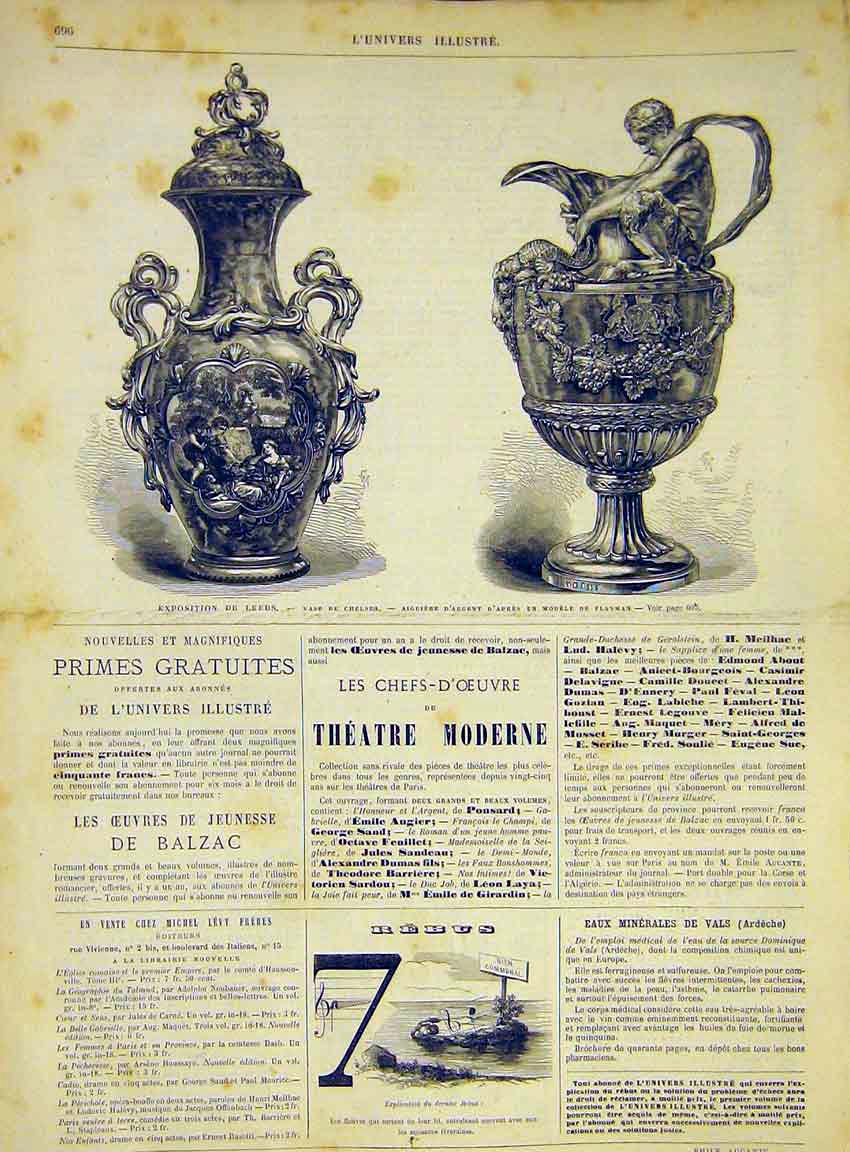 Original Old Antique Print Exhibition Leeds Vase Chelsea Flaxman French 1868