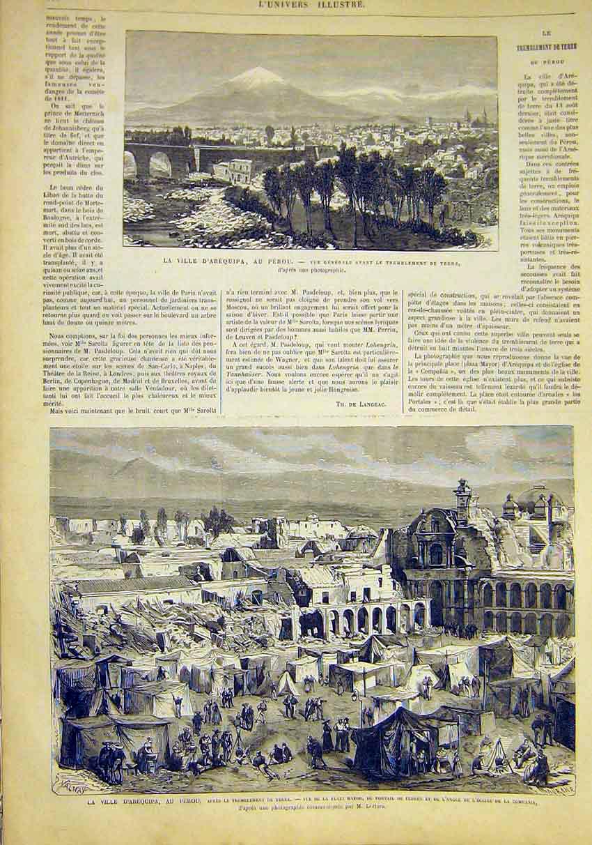 Original Old Antique Print Arequipa Peru View Plaza Mayor French 1868 Victorian
