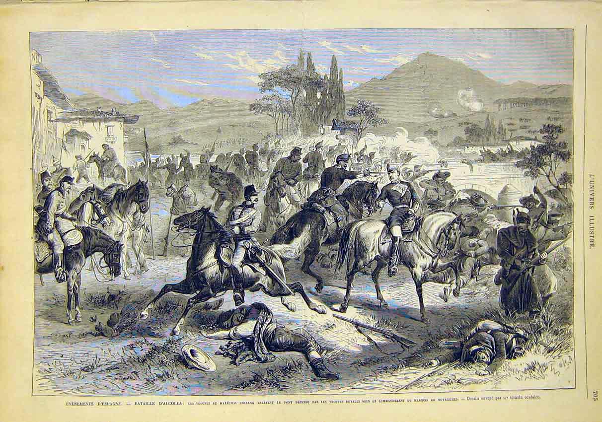 Original Old Antique Print Battle Alcolea Troops Serrano French 1868 Victorian