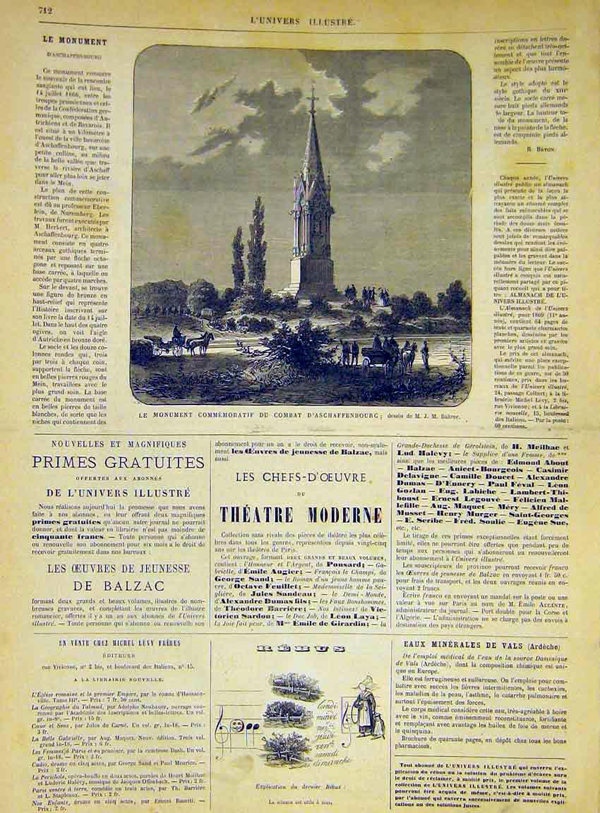 Original Old Antique Print Monument Aschaffenbourg French 1868 19th