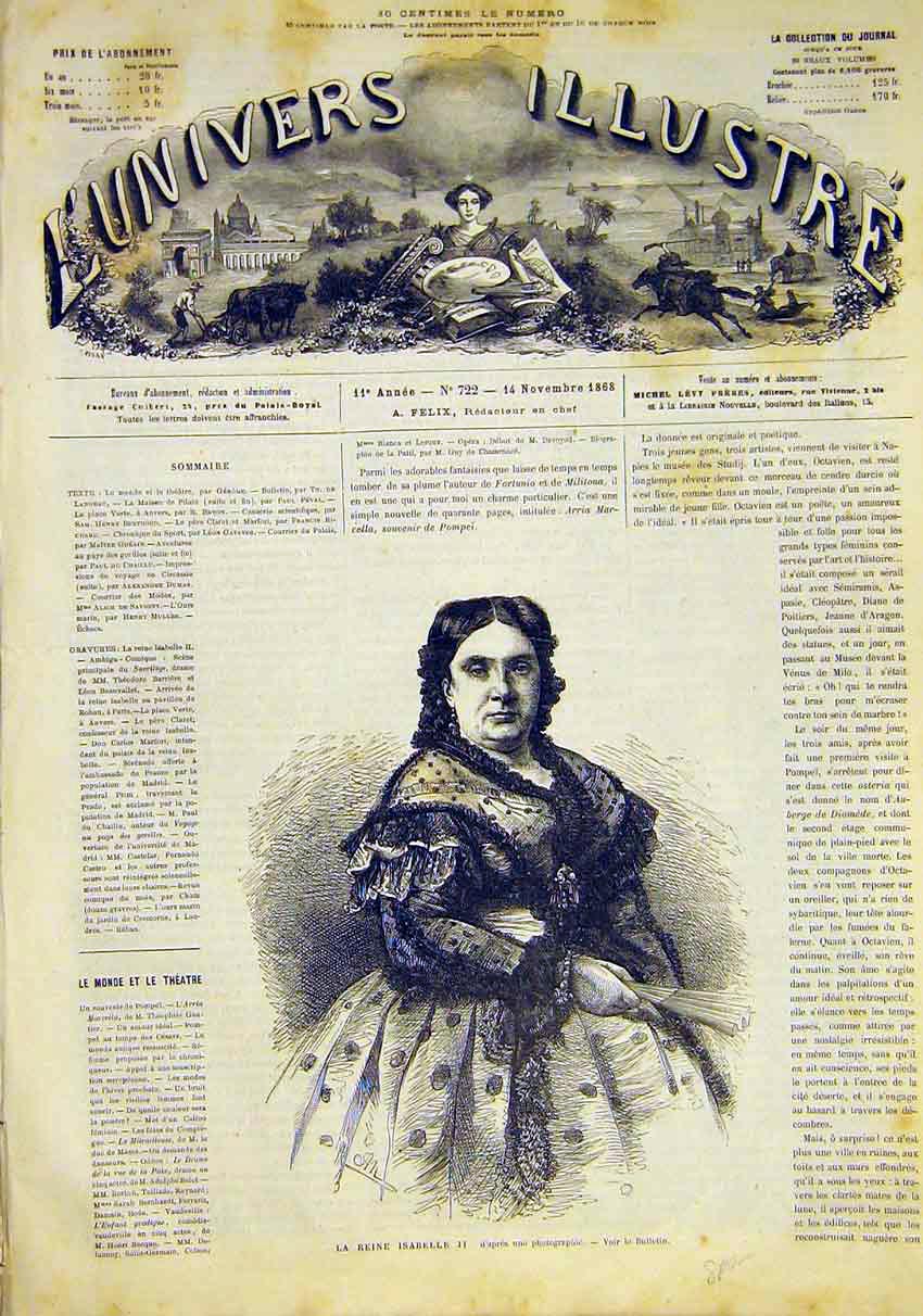 Original Old Antique Print Portrait Queen Isabelle French 1868 19th