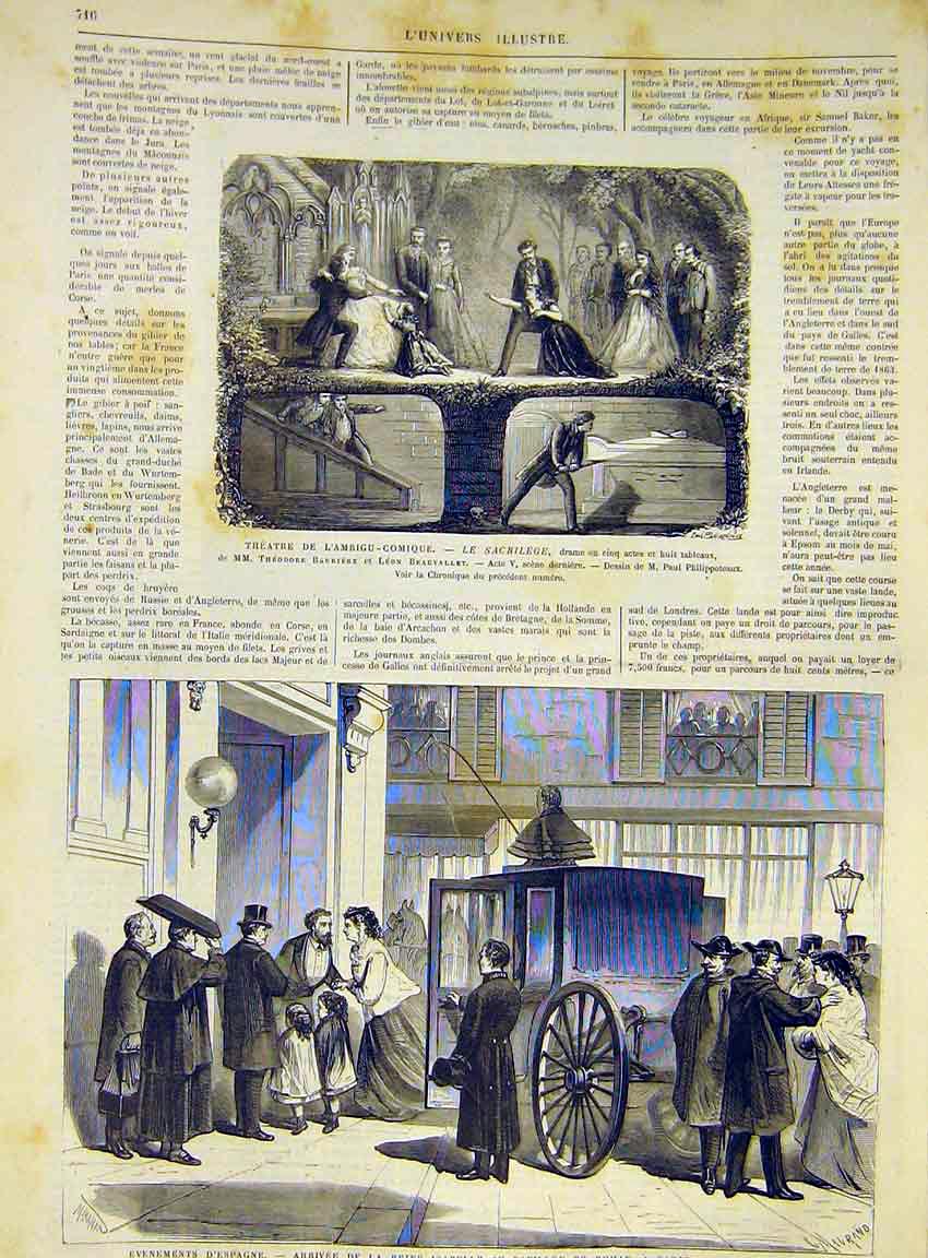 Original Old Antique Print Theatre Barruere Beauvallet Isabelle Paris Rohan 1868